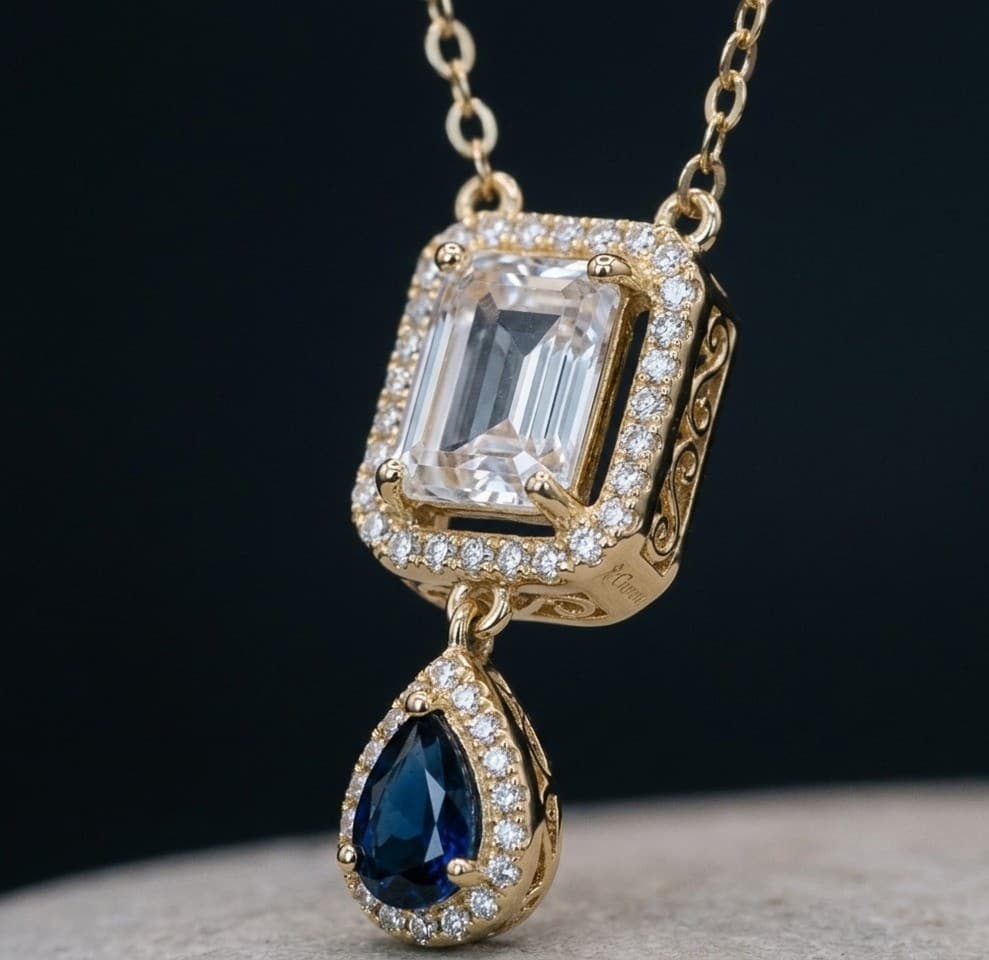 Royal Sapphire Halo Drop Gold Pendant Necklace With Chain - Image 4