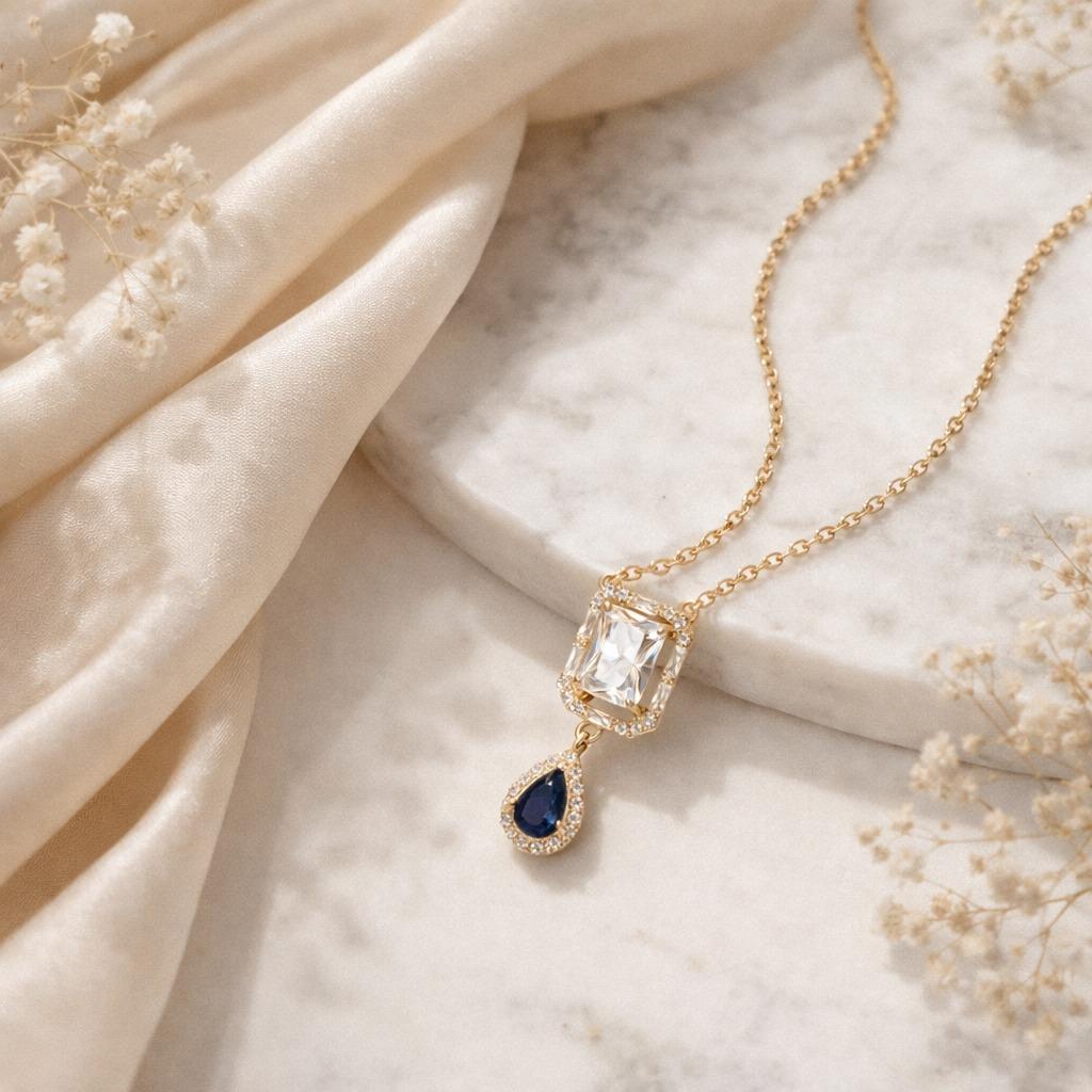 Royal Sapphire Halo Drop Gold Pendant Necklace With Chain