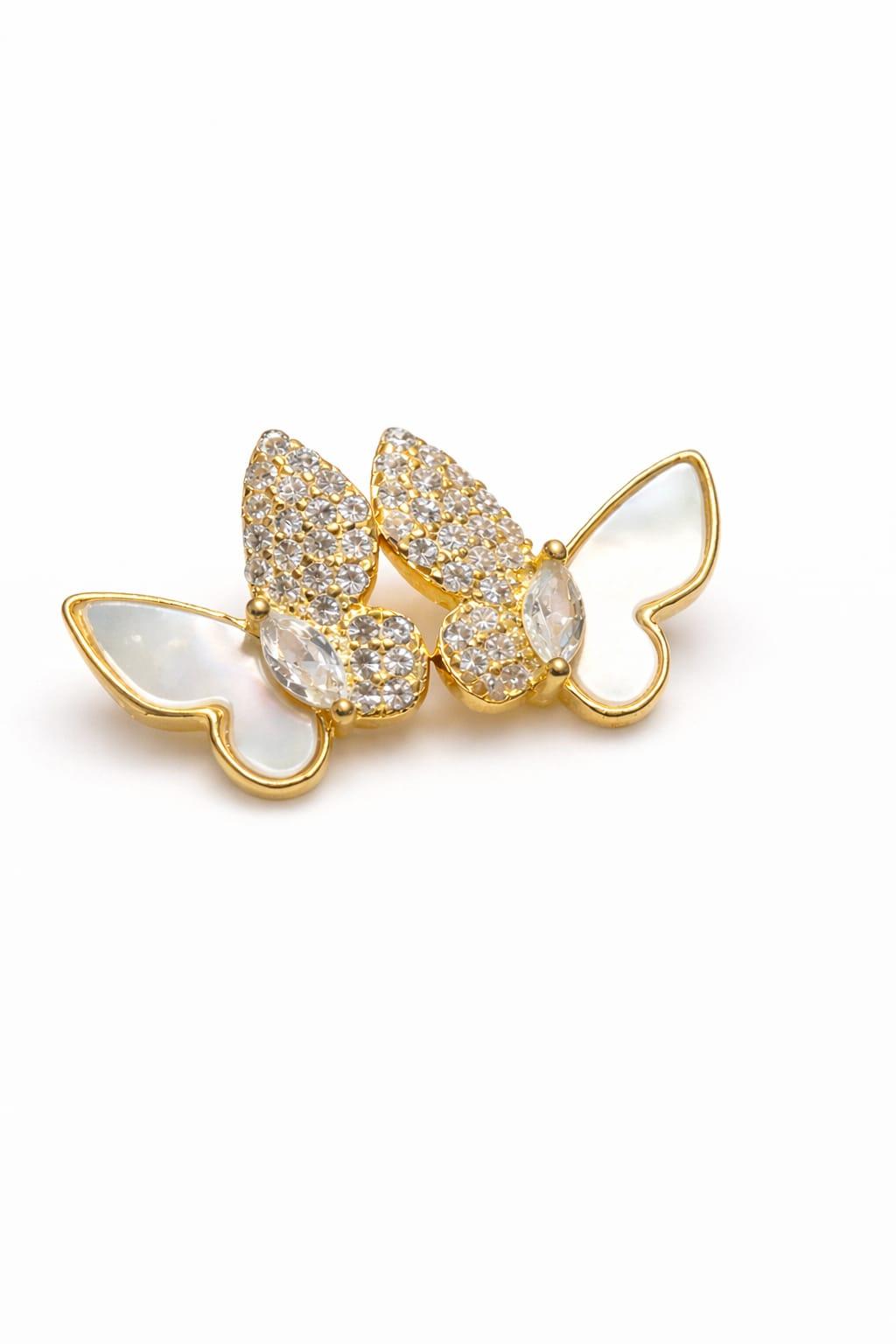 925 Sterling Silver With 22k Gold Plated Dual Wing Butterfly Mother Of Pearl Stud Earrings