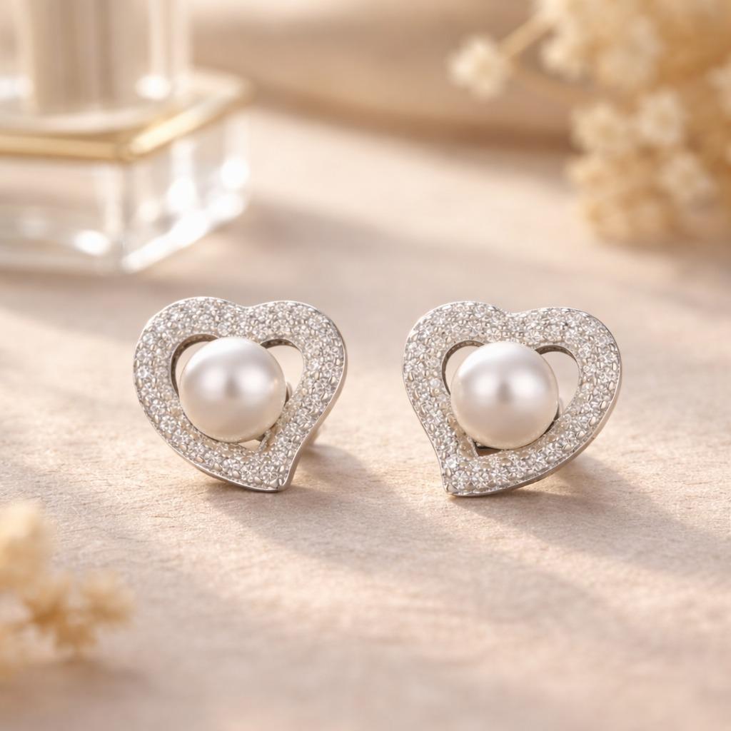 Heart Pearl Halo Stud Earrings - Image 4