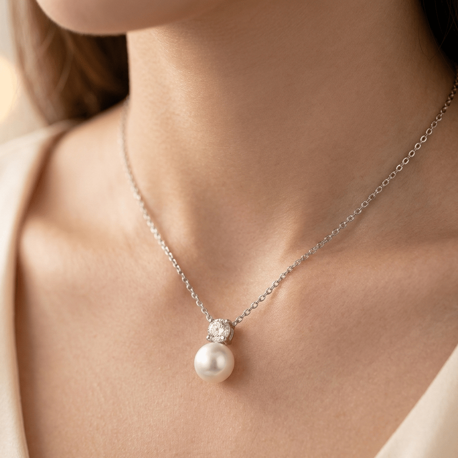925 Sterling Silver Pearl & Solitaire Drop Jewellery Pendent With Chain - Image 3